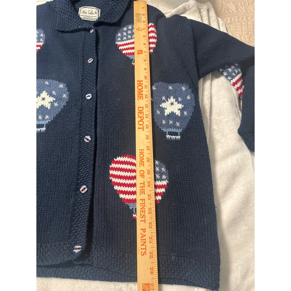 Vintage Patriotic Hot Air Balloon Cardigan Navy Cotton hand Knit Peru read - Picture 11 of 11